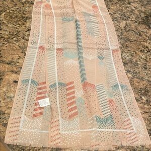 Vintage Desco 100% silk rectangular scarf fringe edges peach aqua white